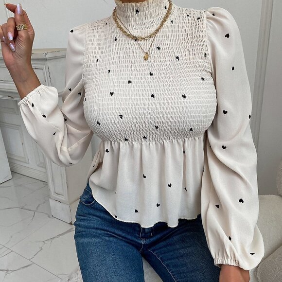 Apricot Boho Heart Print Bishop Sleeve Stand Collar Frill Trim Ruffle Hem Blouse - Picture 1 of 5